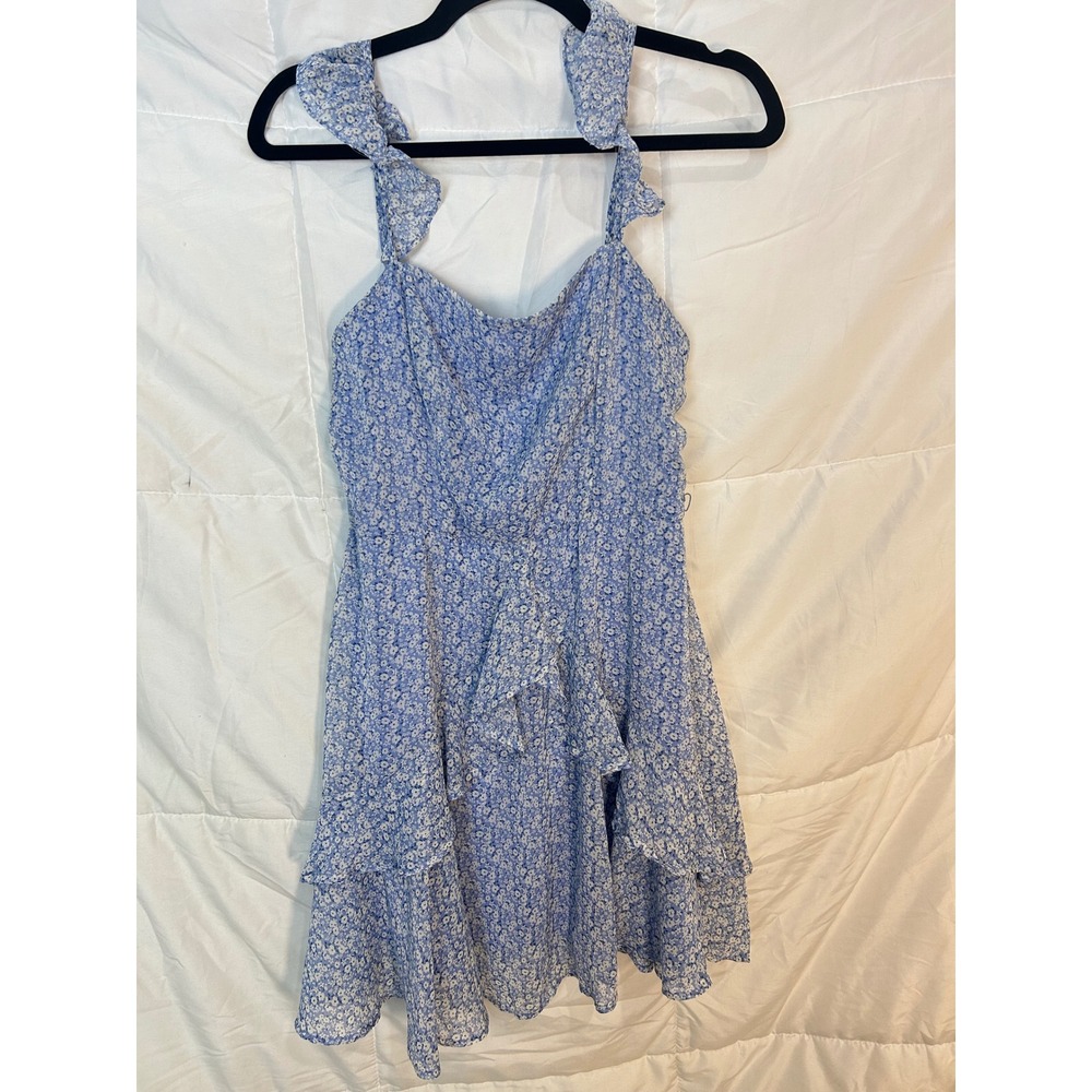 Altar State Floral Ruffle Strap Mini Dress Blue White Womens Size Medium